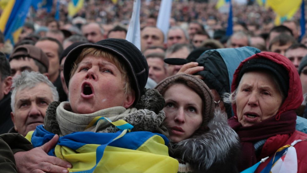 Pro-EU activists shout slogans during the rally on December 8. An estimated 100,000 Ukrainians participated.