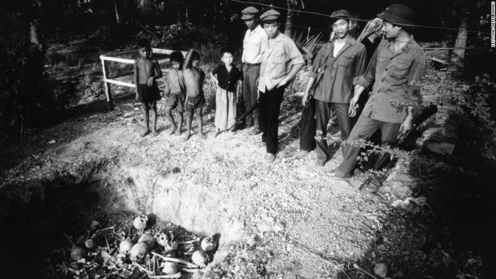 At least 1.7 million people were killed under the Khmer Rouge&#39;s brutal regime, which controlled Cambodia from 1975 to 1979. This photo shows open mass graves in 1979.