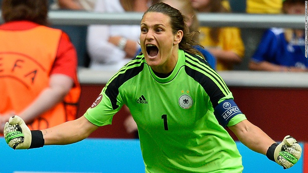 German goalkeeper Nadine Angerer was named player of the match after her two penalty saves helped her country beat Norway 1-0 in the final of Euro 2013. 