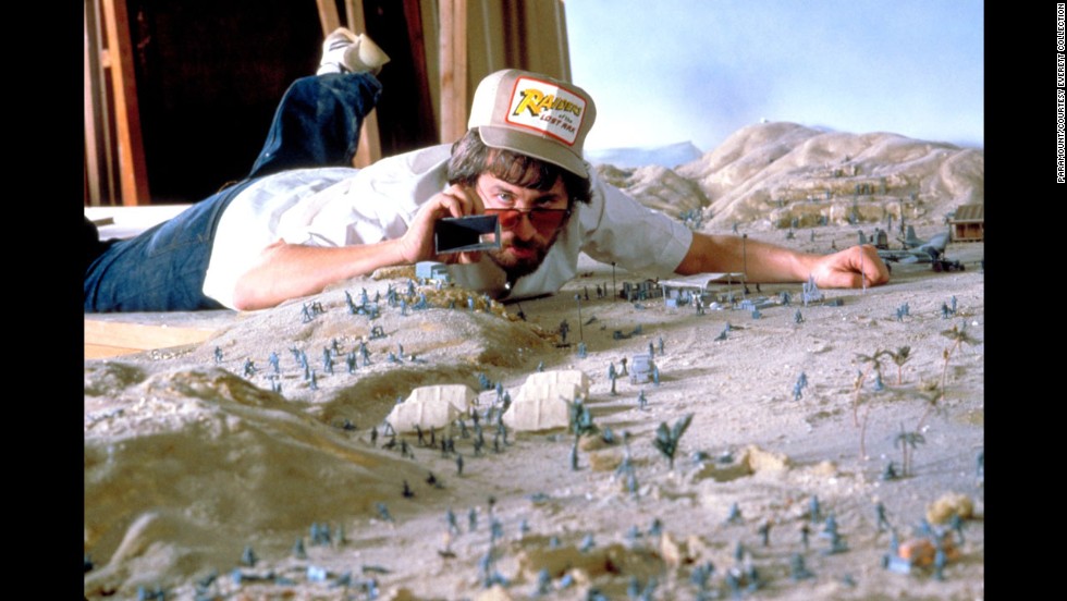 Spielberg works on a miniature set for &quot;Raiders of the Lost Ark.&quot; The 1981 movie would be the first in the highly successful Indiana Jones film franchise.