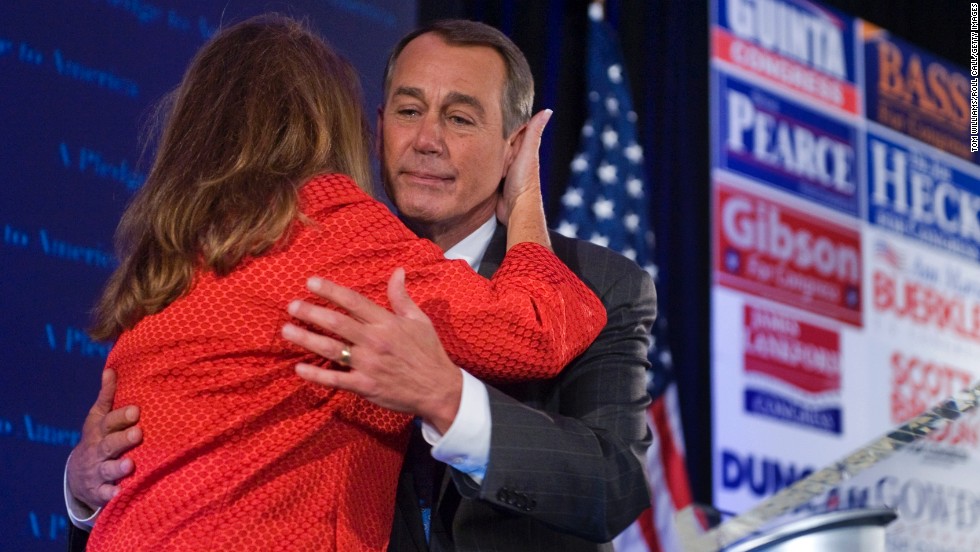 Boehner hugs his wife, Debbie, after addressing the crowd at the NRCC Election Night watch party on November 2, 2010, when Republicans took back control of the House of Representatives. Boehner met his wife in college, and they have been married since 1973. 