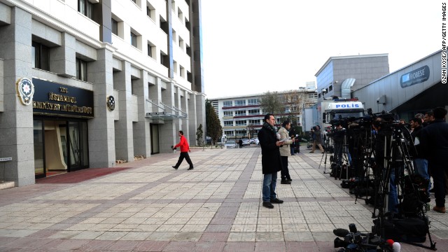 This file photo of journalists reporting outside of Istanbul Police Headquarters in Fatih, December 17. 