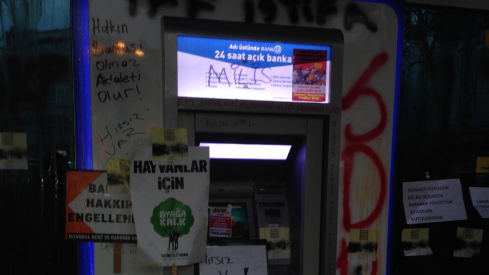 An ATM machine was targeted during the protest.