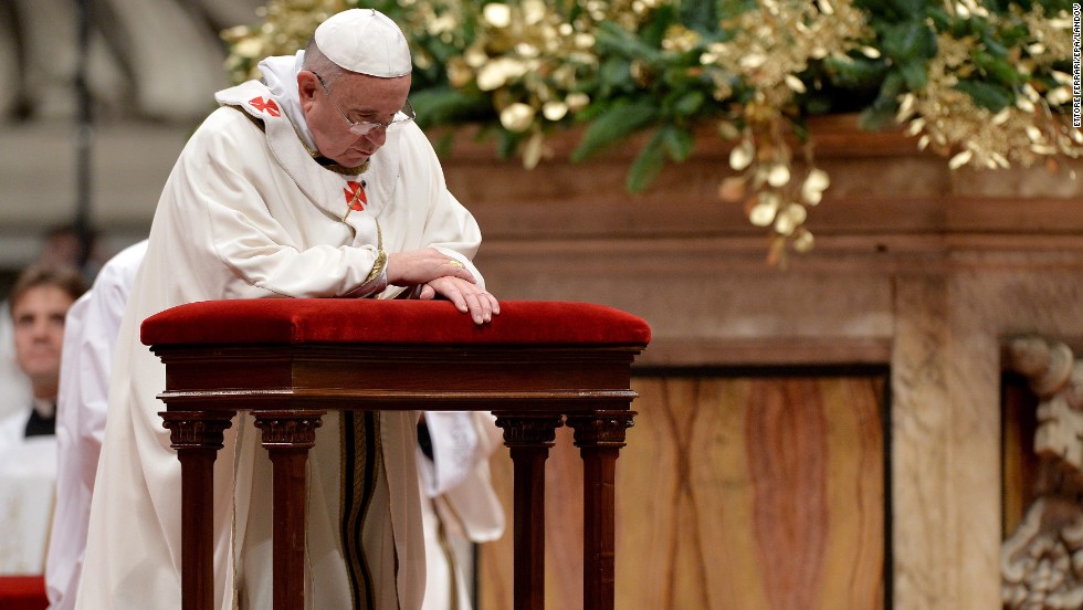 The Pope prays during the service. The festivities began on Saturday, with the Pope&#39;s Christmas message to the Curia. He urged the church&#39;s governing body to avoid gossip and to focus on service.