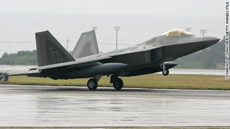 A U.S. Air Force fighter lands at Kadena U.S. Air Base in Okinawa.