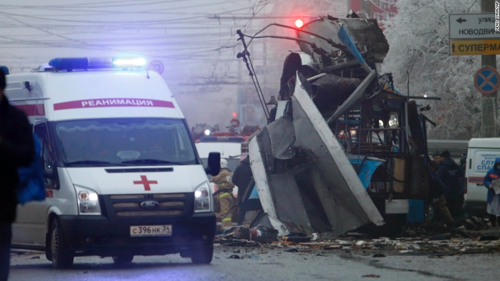 An ambulance leaves the site of a trolleybus explosion.