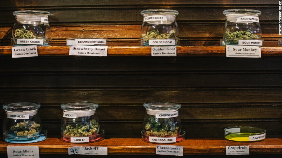 Different strains of marijuana are displayed in the Evergreen Apothecary.