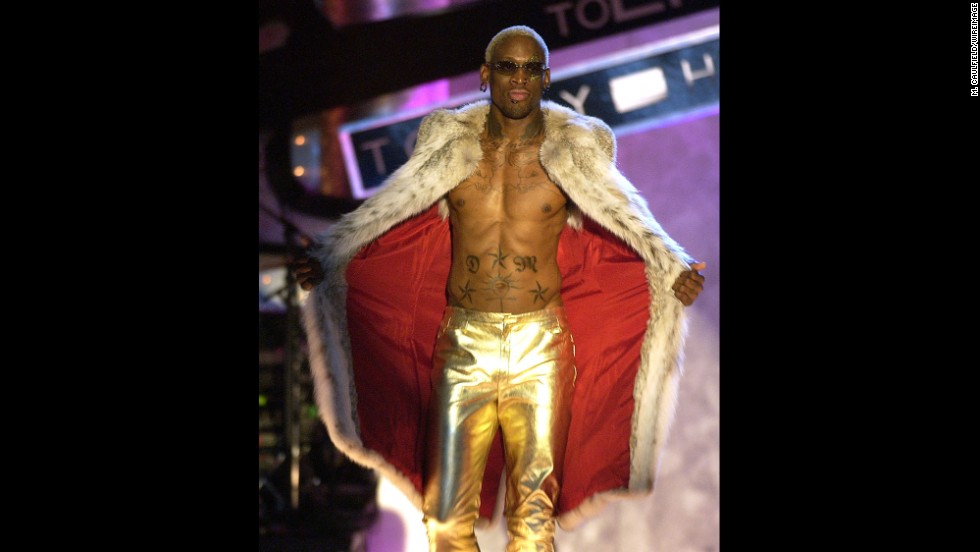 Rodman rocks gold pants in 2004.