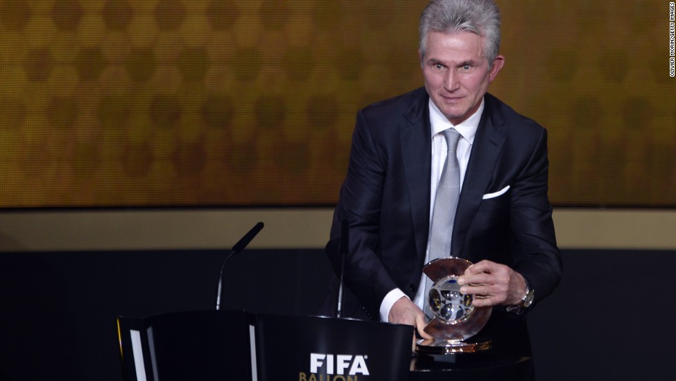 Now-retired Jupp Heynckes receives the Coach of the Year award after leading Bayern Munich to a Champions League, Bundesliga and German Cup treble in 2013. 