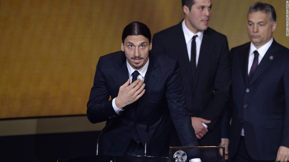 Zlatan Ibrahimovic addresses the audience after winning the FIFA Puskas award for best goal, with the Swede&#39;s overhead strike against England deemed better than efforts by rivals Nemanja Matic of Serbia and Brazil&#39;s Neymar. 