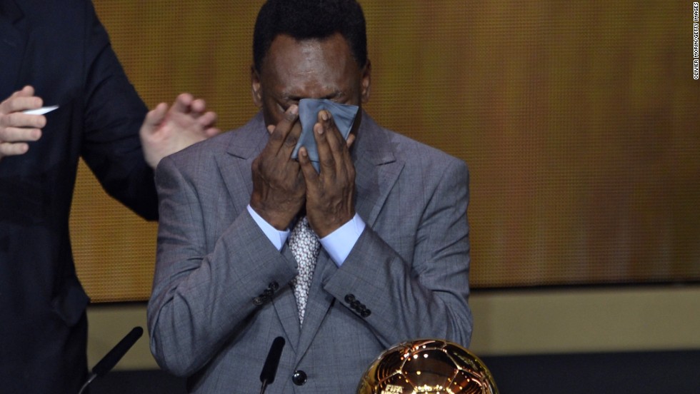 Brazilian legend Pele cries as he is handed an honorary FIFA Ballon d&#39;Or, with the three-time World Cup winner having been ineligible to win the award during his playing days because he did not play in Europe. 