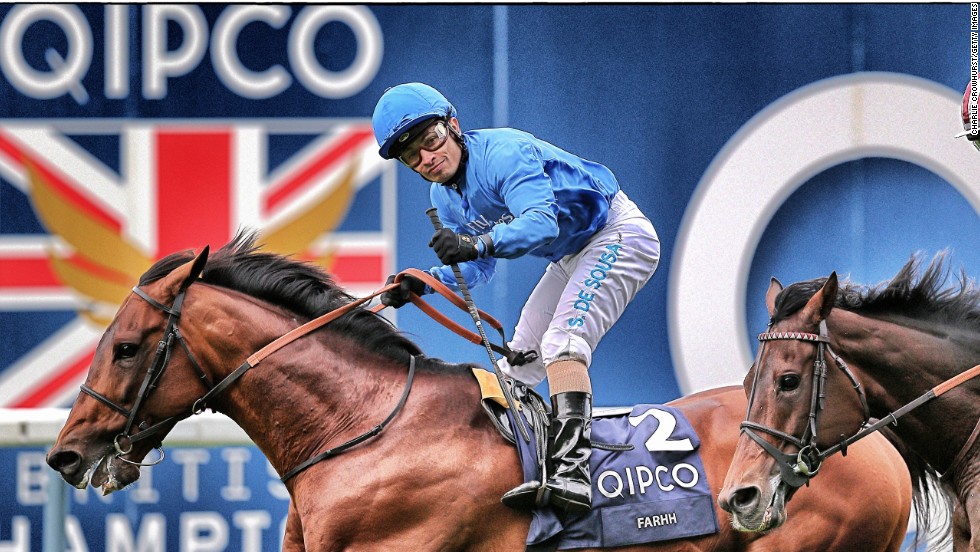 Silvestre De Sousa celebrates after he rides Farhh to win The QIPCO Champion Stakes at Ascot last year.