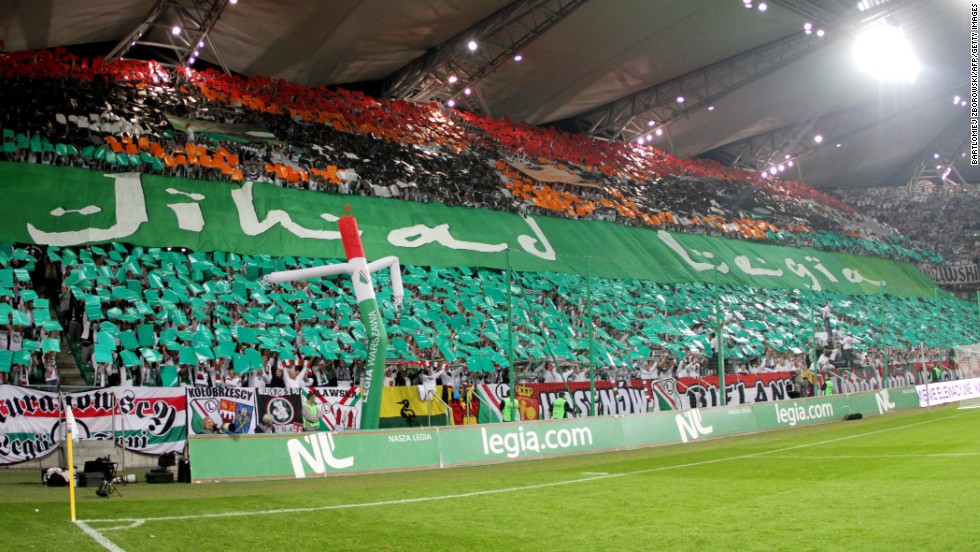 This banner was held aloft by Legia Warsaw fans during the game with Hapoel Tel Aviv. The banner, which had the Arabic word &quot;Jihad&quot; emblazoned on it, was used to incite visiting supporters.