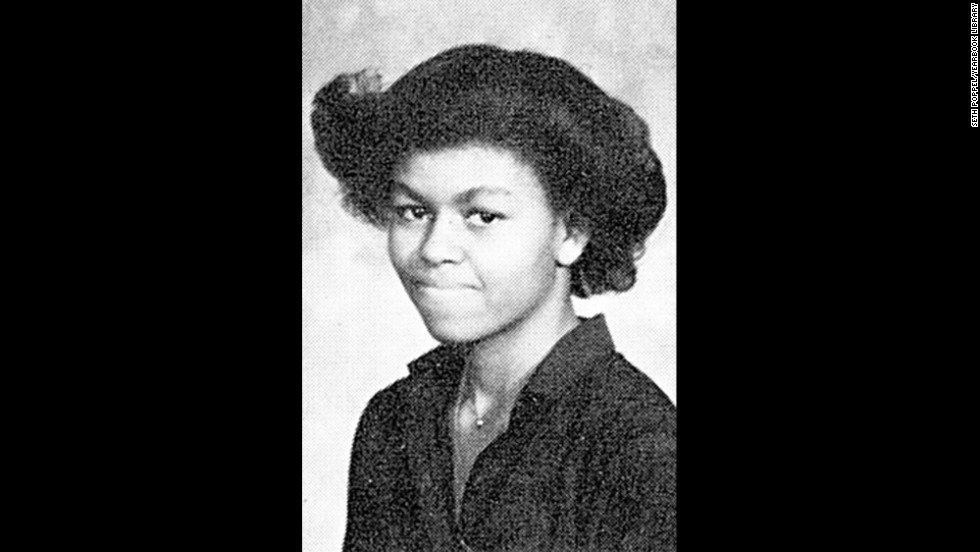 Obama&#39;s 1980 yearbook photo from Whitney Young High School in Chicago. The magnet school was far from her home on the south side of the city, and her round-trip commute was three hours.