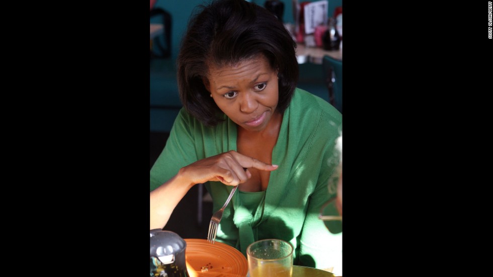 Michelle Obama has breakfast at Pamela&#39;s Diner in Pittsburgh in April 2008.