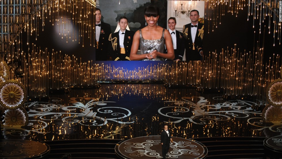 Obama, via satellite, announces the Oscar for best picture at the end of the Academy Awards show in February 2013.