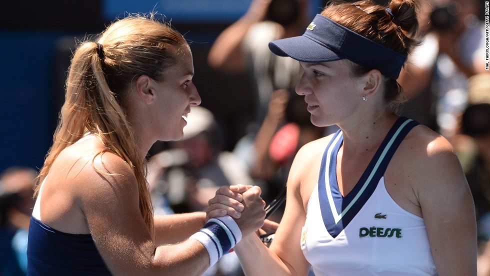 Cibulkova had an equally convincing quarterfinal victory, beating Romania&#39;s Simona Halep (right)  6-3 6-0.