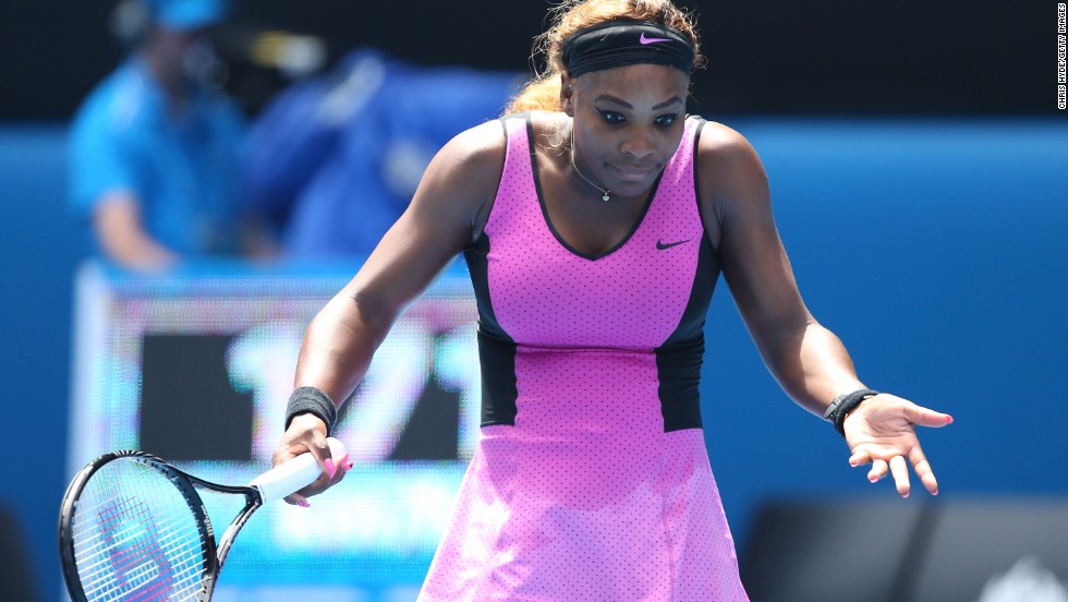 Serena Williams shows her frustration during her fourth round match with Ana Ivanovic. The American was hot favorite to win a sixth singles title in Melbourne but lost to the Serb in three sets 4-6 6-3 6-3 and dash any hopes of a clean sweep of the grand slams in 2014.   