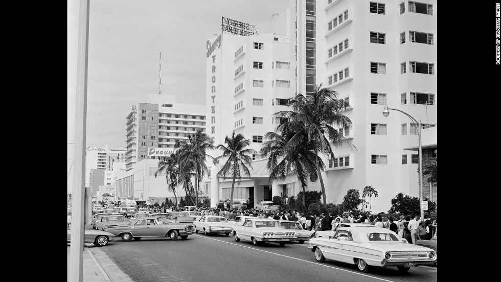 Lines form down the street from the Deauville Hotel in Miami Beach, Florida, as fans wait to see The Beatles on &quot;The Ed Sullivan Show&quot; on February 16, 1964. It was a week after the band&#39;s first appearance on the show.