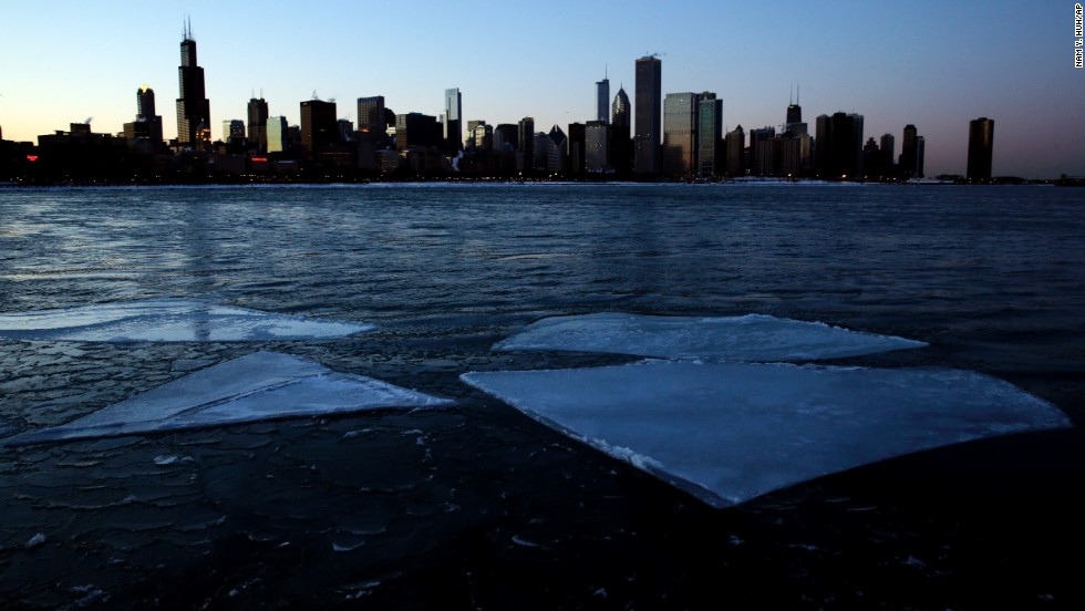 Ice floats by the Chicago skyline on Lake Michigan on Thursday, January 23. 