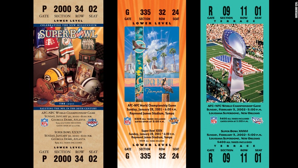 Tickets for Super Bowls XXXIV, XXXV and XXXVI.