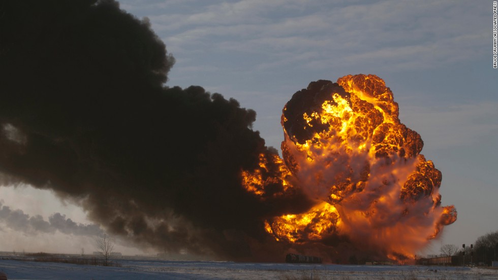 A fireball goes up at the site of an oil train derailment in Casselton, North Dakota, on December 30, 2013. There were no reports of injuries from the accident.