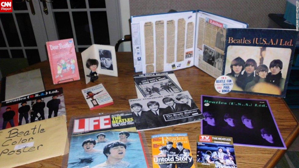 &lt;a href=&quot;http://ireport.cnn.com/docs/DOC-1076420&quot;&gt;Diane Salsbery&lt;/a&gt; of Phoenix has collected Beatles memorabilia for 50 years. &quot;Most of the memorabilia that I have includes articles from magazines, concert programs, the script from &#39;A Hard Day&#39;s Night,&#39; a Beatles poster from &#39;16&#39; magazine, the Christmas record, and almost all of the original albums and singles including the DJ copy of &#39;Please, Please Me.&#39;&quot;