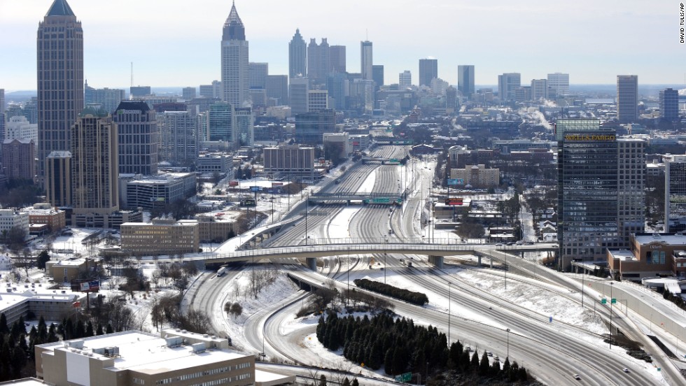 The ice-covered interstate highways running through Atlanta appear empty on January 29.