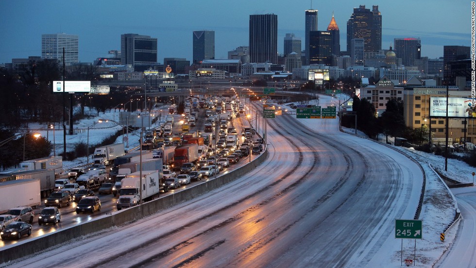 As dawn breaks on January 29, southbound traffic is at a standstill near downtown Atlanta.