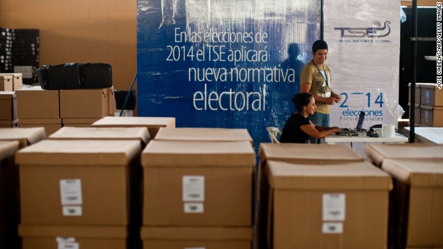 Election officers prepare data transmision system packages in San Salvador, El Salvador on January 30, 2014 in the preparation for the presidential elections to be held on February 2.