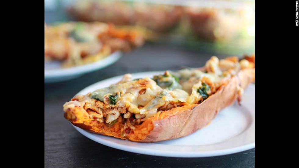 Potato skins are a must-have for the Big Game. These &lt;a href=&quot;http://www.halfbakedharvest.com/healthy-chipotle-chicken-sweet-potato-skins/&quot; target=&quot;_blank&quot;&gt;chipotle chicken sweet potato skins&lt;/a&gt; feature sweet potatoes, which are lower in calories and higher in fiber, paired with low-fat cheese.