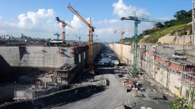 The Panama Canal locks in Colon, 110 km northwest of Panama City, are seen under construction on January 17, 2014. The Grupo Unidos por el Canal (GUPC) consortium led by Spanish builder Sacyr --which includes Italian, Belgian and Panamanian companies-- has threatened to suspend the expansion work by January 20 unless Panama pays for $1.6 billion in "unforeseen" costs. Already facing delays, the project aims to make the 80-kilometer (50-mile) waterway, which handles five percent of global maritime trade, big enough to handle new cargo ships that can carry 12,000 containers. 