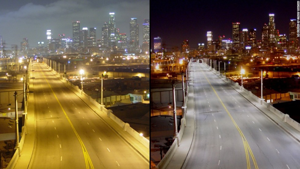 The Sixth Street bridge over the Los Angeles River looks a bit different with old, left, and new streetlights.