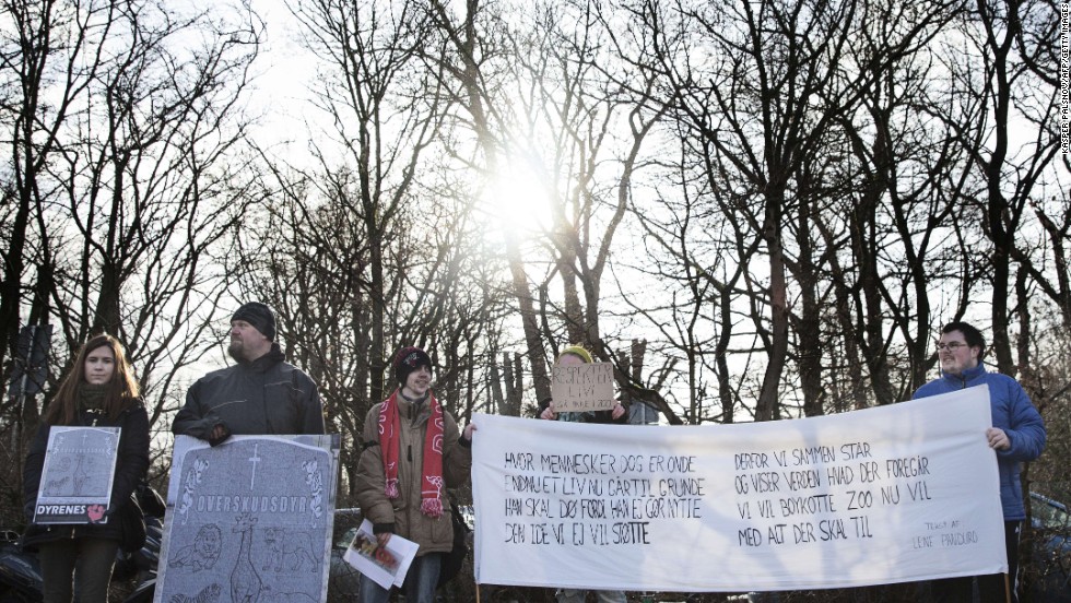 Protestors demonstrate outside the Copenhagen Zoo against the killing of the giraffe on February 9. 