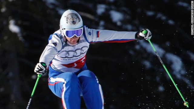 Maria Komissarova performs in a training session at a freestyle skiing event in Italy in 2012.