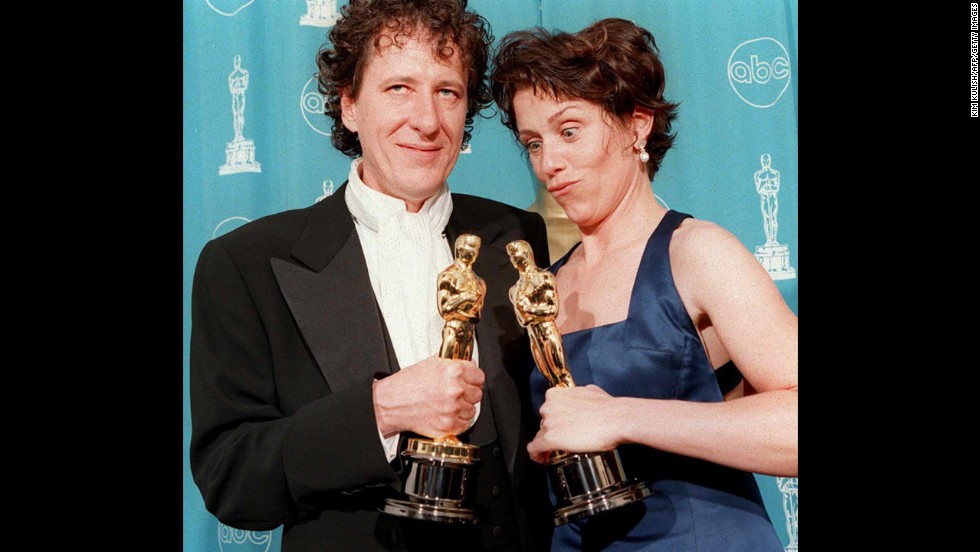 &lt;strong&gt;Frances McDormand (1997):&lt;/strong&gt; Frances McDormand, who won best actress for her role in &quot;Fargo,&quot; poses with Geoffrey Rush, who won best actor that year. 