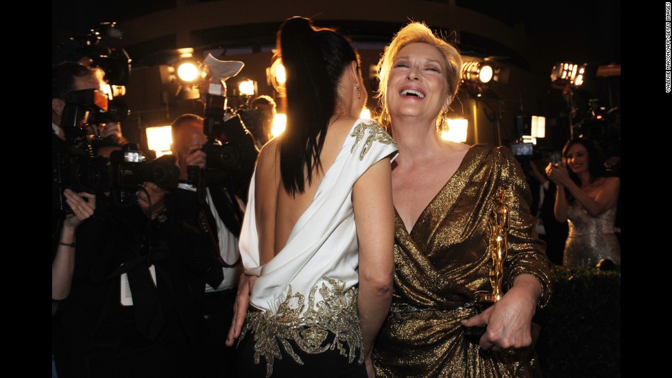 &lt;strong&gt;Meryl Streep (2012):&lt;/strong&gt; Meryl Streep, right, laughs with Sandra Bullock after Streep's win for her role in &quot;The Iron Lady.&quot;