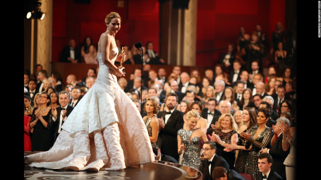 &lt;strong&gt;Jennifer Lawrence (2013):&lt;/strong&gt; Jennifer Lawrence charms the audience in 2013 as she accepts the best actress Oscar for her performance in &quot;Silver Linings Playbook.&quot;
