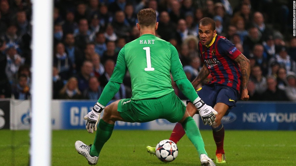 Daniel Alves perhaps wraps up the tie at the halfway stage as Barca score their second of the night, meaning City need to score at least twice in Spain. 