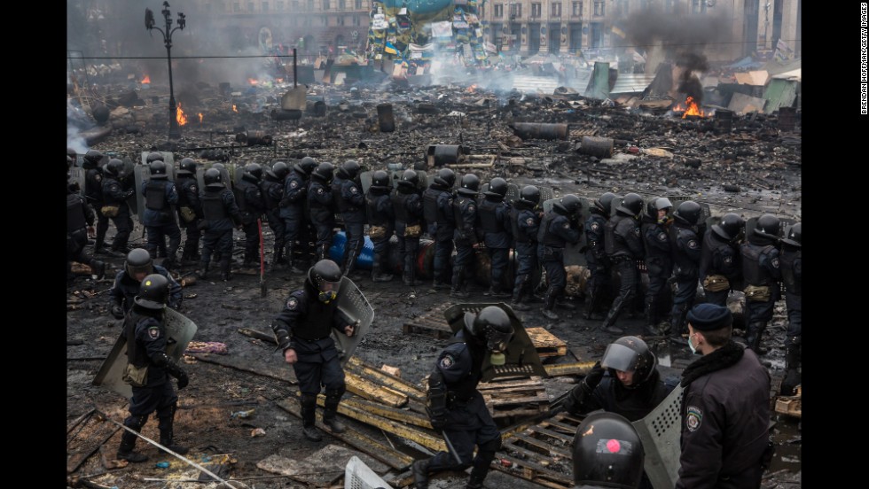 Police form a barrier in Independence Square on February 19.