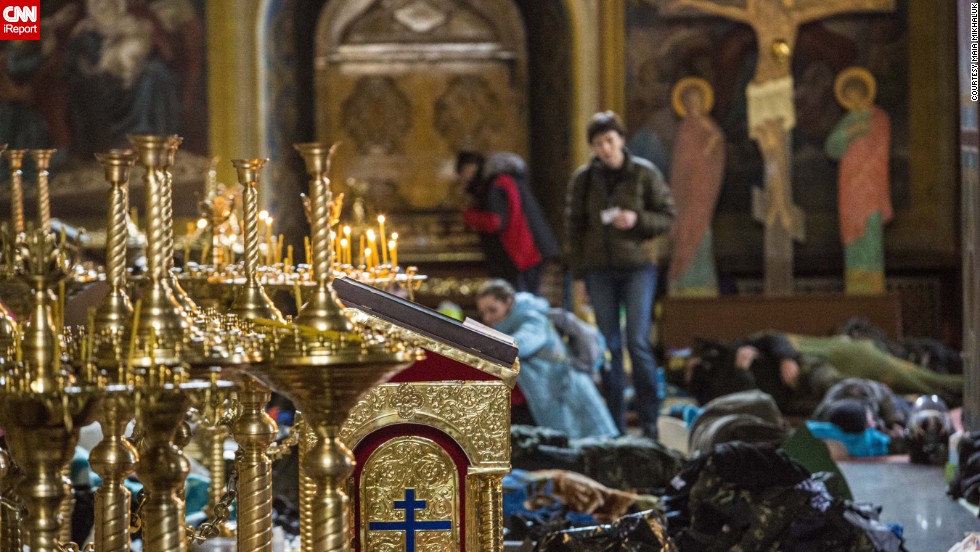 Protesters were offered shelter at he Mykhailovsky Cathedral in Kiev. The cathedral opened its doors for protesters wounded during the clashes with riot police Wednesday and Thursday.