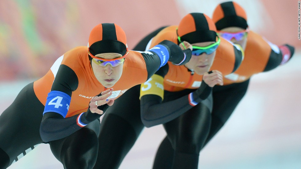 From left, Dutch speedskaters Ireen Wust, Charlotte van Beek and Jorien ter Mors compete in the women&#39;s team pursuit on February 21.