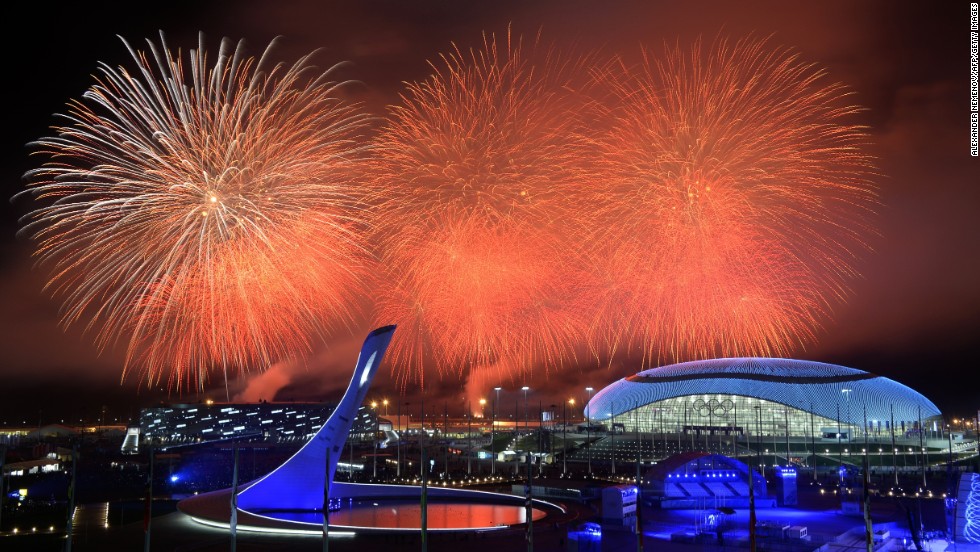 Fireworks explode over the Olympic park at the end of the closing ceremony for the Sochi Winter Olympics on Sunday, February 23.