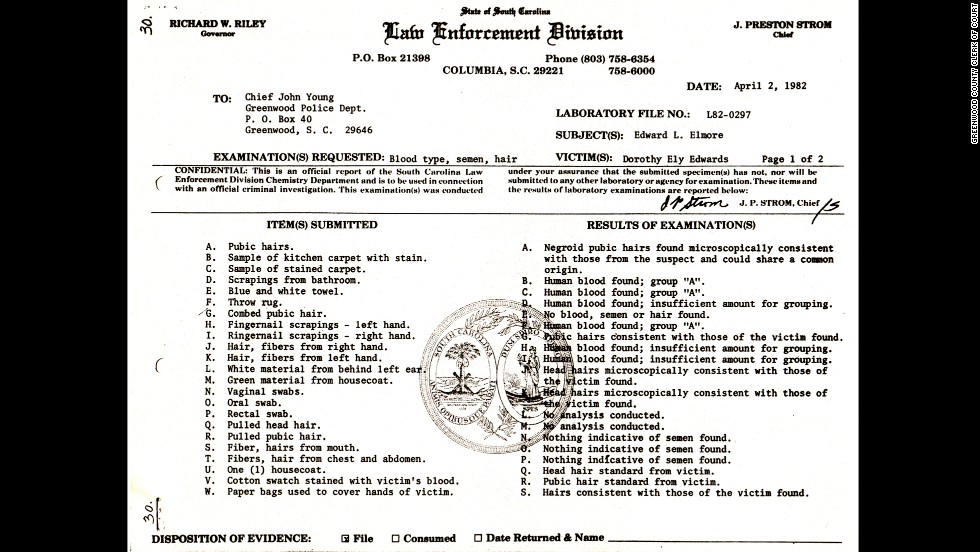 This police list suggests that key evidence was lost or hidden. Item &quot;T&quot; included &quot;fibers&quot; and &quot;hairs&quot; collected from Edwards&#39; body but never introduced as trial evidence. More than a decade later, a state investigator found item &quot;T&quot; in the back of a desk drawer. New analysis showed that item T included a &quot;Caucasian hair&quot; that did not belong to Edwards or Elmore.