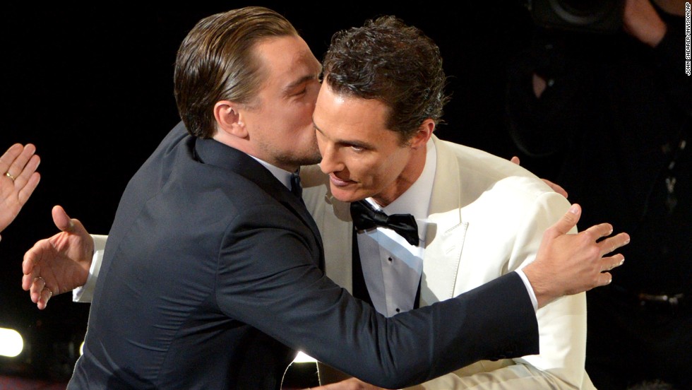 Leonardo DiCaprio, left, congratulates Matthew McConaughey for winning the best actor Oscar for &quot;Dallas Buyers Club.&quot; DiCaprio, who starred in &quot;The Wolf of Wall Street,&quot; was also up for the award.