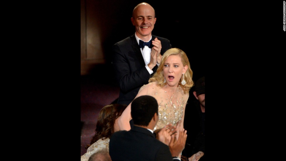 Cate Blanchett reacts after winning best actress for her role in &quot;Blue Jasmine.&quot;