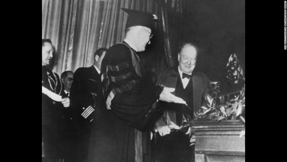 President Harry S. Truman introduces Winston Churchill at Westminster College in Fulton, Missouri, on March 5, 1946. In his speech, the former British prime minister declared, &quot;From Stettin in the Baltic to Trieste in the Adriatic, an Iron Curtain has descended across the Continent.&quot;