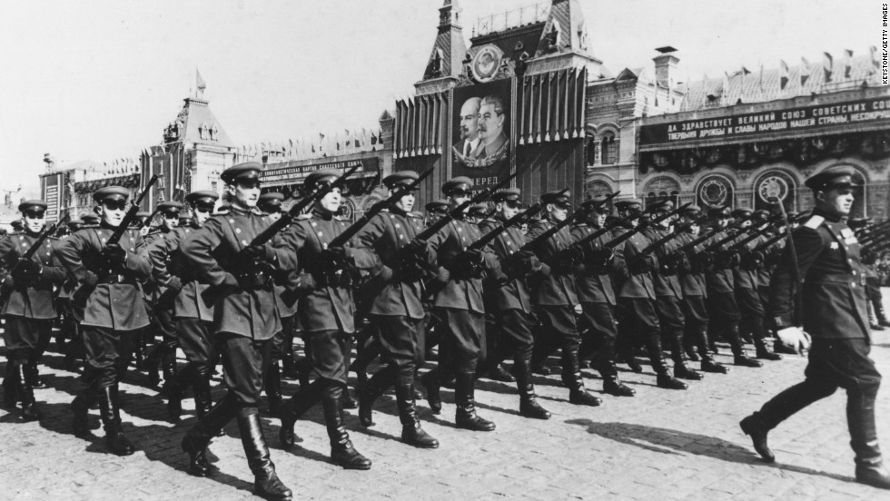 In 1955, the Warsaw Pact was organized, creating a military alliance of communist nations in Eastern Europe that included Bulgaria, Czechoslovakia, East Germany, Hungary, Poland, Romania and the Soviet Union. Here, the Soviet Army marches during May Day celebrations in 1954. 