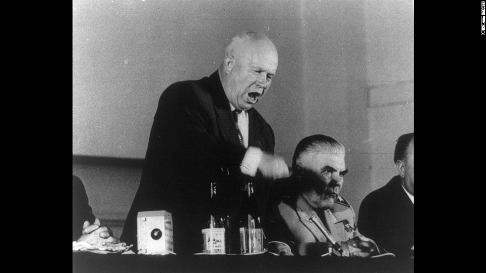 Soviet leader Nikita Khrushchev speaks at the 1960 Paris Summit, which was interrupted when an American high-altitude U-2 spy plane was shot down on a mission over the Soviet Union. After the Soviets announced the capture of pilot Francis Gary Powers, the United States recanted earlier assertions that the plane was on a weather research mission.