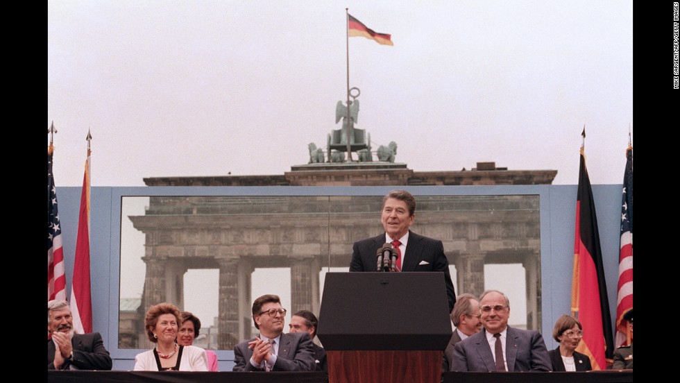 President Reagan, commemorating the 750th anniversary of Berlin, addresses the people of West Berlin at the base of the Brandenburg Gate, near the Berlin Wall on June 12, 1987. Due to the amplification system being used, the President&#39;s words could also be heard on the Eastern (communist-controlled) side of the wall. &quot;Tear down this wall!&quot; was the famous appeal by Reagan, directed at Gorbachev, to destroy the Berlin Wall. The address Reagan delivered that day is considered by many to have affirmed the beginning of the end of the Cold War and the fall of the Soviet bloc. 